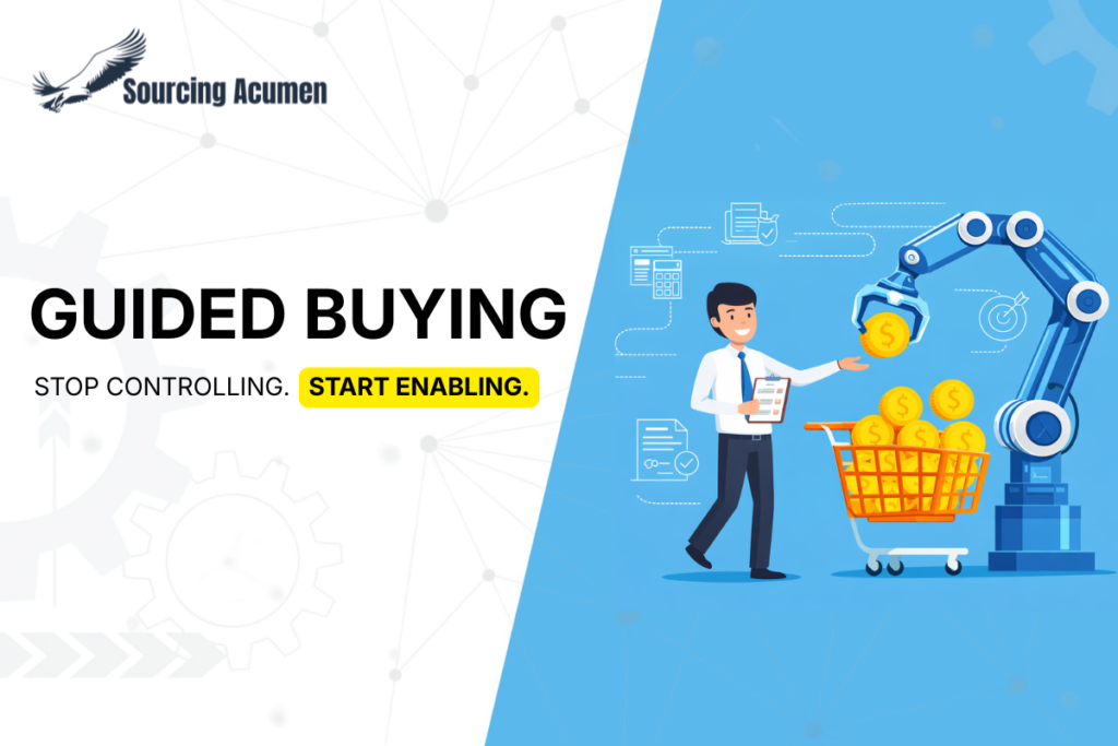 Sourcing Acumen Guided Buying illustration showing a professional managing a streamlined procurement process with an automated mechanical arm placing coins into a shopping cart, featuring the text: GUIDED BUYING - STOP CONTROLLING. START ENABLING.
