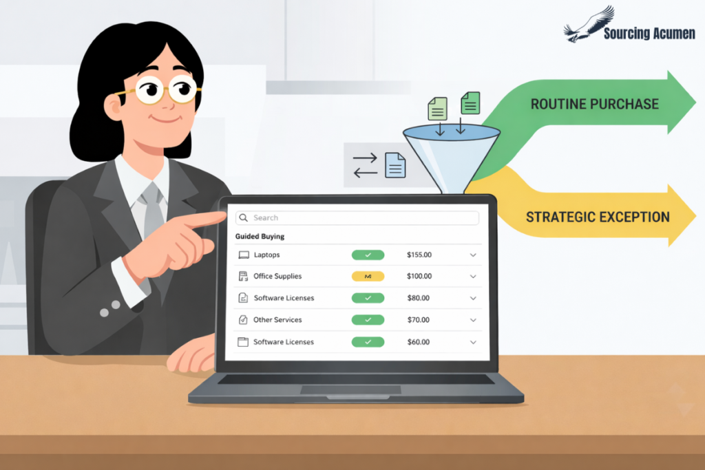 Guided buying dashboard displayed on a laptop, showing how routine purchases are streamlined while strategic exceptions are filtered for procurement review.