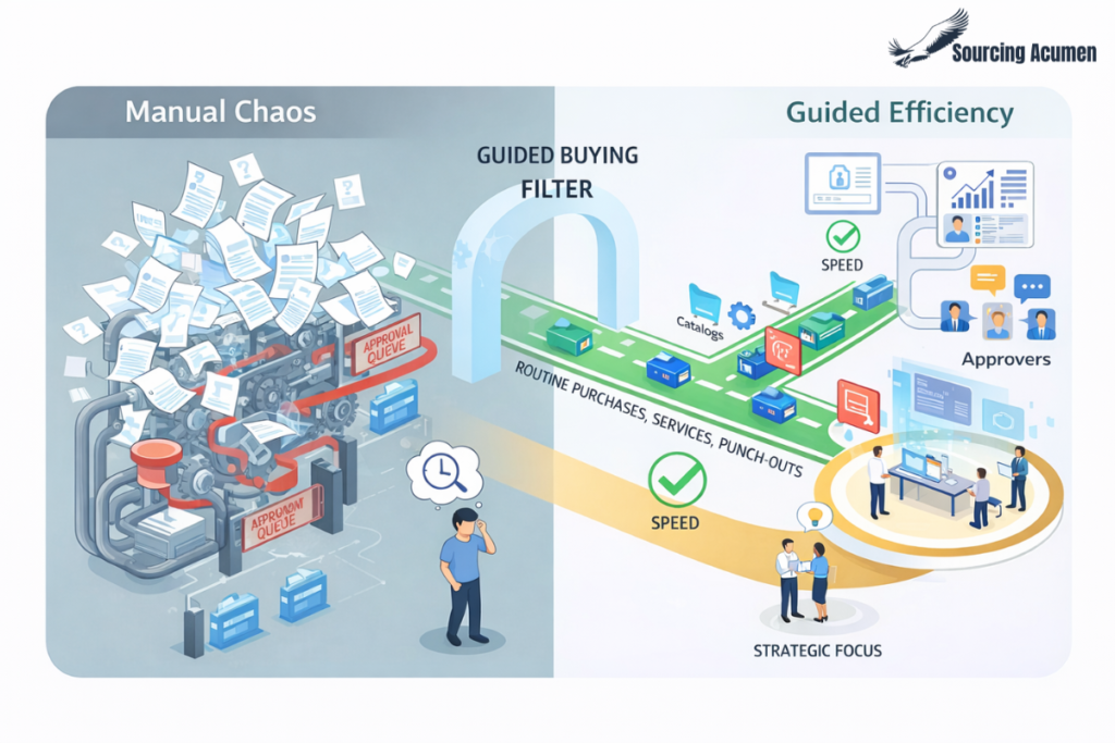 Guided buying filter transforming manual procurement chaos into an efficient, automated purchasing workflow with faster approvals and strategic focus.